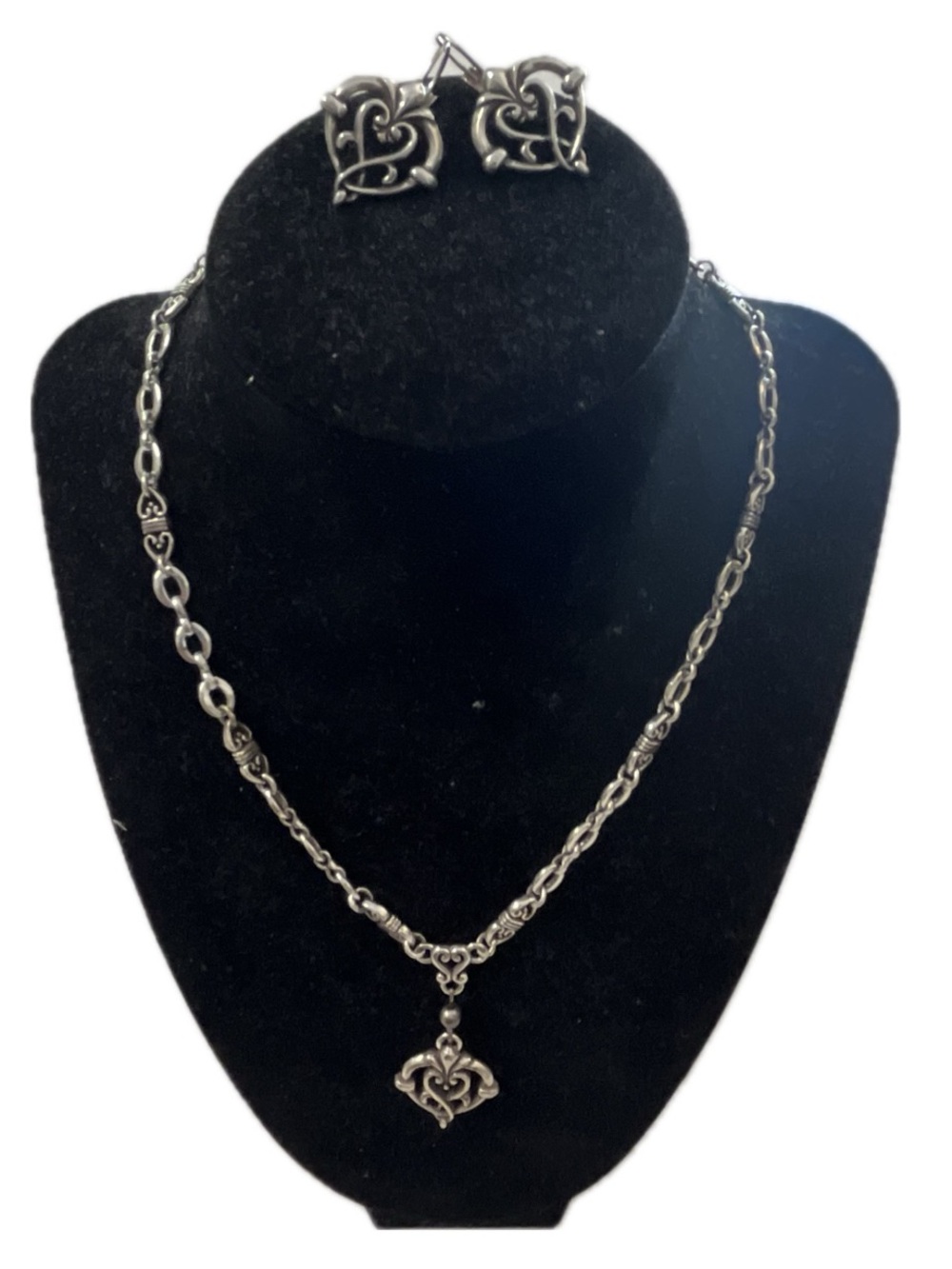 BRIGHTON Silver Open Scroll Heart Adjustable Necklace & Earrings Set